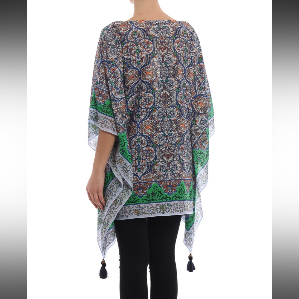 New Tory Burch Grand Voyage Classic Silk Caftan Coverup Floral Green Tassels L - Picture 3 of 10